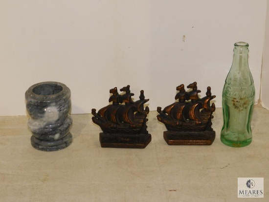 Lot Old Greenville Coca-Cola Bottle, Brass Sailboat Bookends & Heavy Marble Pen Holder
