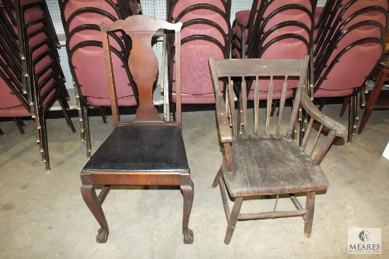 Lot of 2 Vintage Wood Dining Chairs 1 Ball & Claw Foot Rococo Style & Spindle Arm Chair