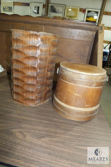 Lot Small Wood Barrel w/ Lid and Wood Carved Canisters