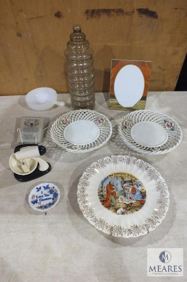 Lot Decorative China Plates, Glass Canister, Glasbake Bowl, Mini Mixer model