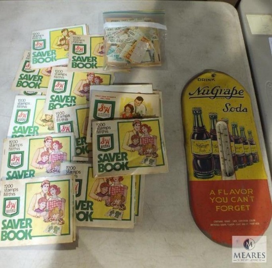Lot vintage S&H Stamps and Saver Book & Metal NuGrape Soda Thermometer