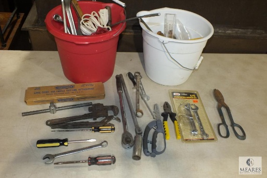 Lot 2 Small Buckets of Hand Tools, Wrenches, Pliers, and more