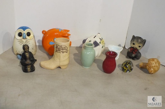Lot Vintage Ceramic Piggy Banks, Music Figurines, Candle Holders, & Decorative Items