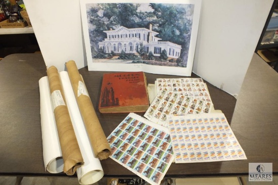 Lot Lithograph Prints and Vintage Stamp Album with Stamps