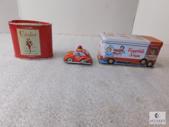 Lot Vintage Tin Wind-up Fire Chief Toy Car, Cavalier Cigarettes Tin, and Campbells Soup tin