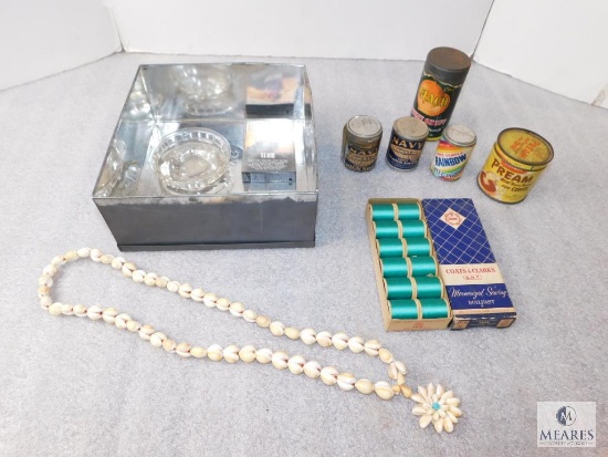 Lot Vintage Snuff Tins, Shell Necklace, Vintage Sewing Thread in Box, +