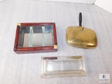 Lot Glass Jewelry Box, Wood Mirrored Bottom Box and Vintage Ash Can