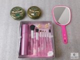 Set of Makeup Brushes, Hand Mirror, and 2 Tins of Menthol Camphor Ointment