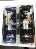 Pair of Japanese Oriental hand painted Wood & Carved Stone Wall Plaques Art 10