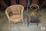 Antique Bull Horn Childs Rocker & Rattan Side Chair