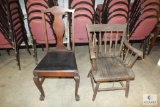 Lot of 2 Vintage Wood Dining Chairs 1 Ball & Claw Foot Rococo Style & Spindle Arm Chair