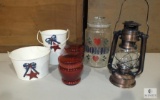 Lot Glass Cookie Jar, 2 Glass Candle Jars, VIntage look Lantern, and Metal Buckets