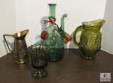 Lot Vintage Green Glass Pitchers, Flower Bowl, & Copper Pitcher