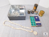 Lot Vintage Snuff Tins, Shell Necklace, Vintage Sewing Thread in Box, +