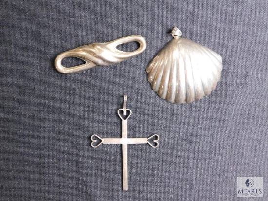 Mexican sterling pin and 2 pendants- shell and cross