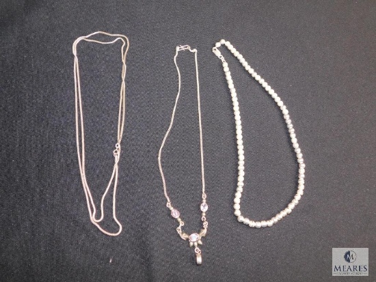 Lot of 3 sterling necklaces- lavalier with purple stone , bead necklace, long snake chain