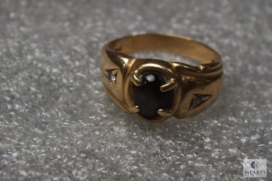10K Gold Mens Ring Tiger eye type Stone w/ 2 Small Diamonds