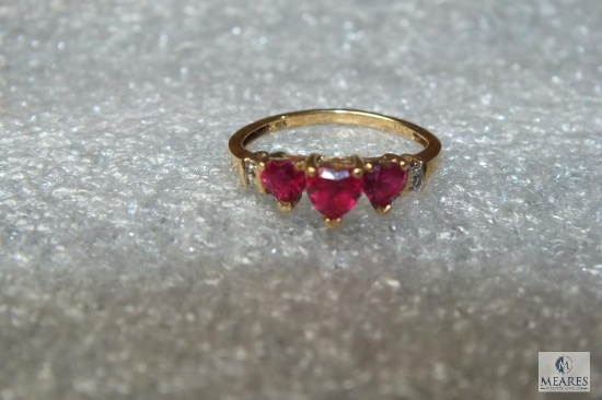 10K Gold Ladies Ring with Red Heart Shaped Stones w/ Diamonds