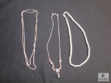 Lot of 3 sterling necklaces- lavalier with purple stone , bead necklace, long snake chain