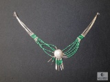 Sterling Silver marked & Green Beaded Choker Necklace w/ Concho
