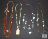 Lot of 4 Costume Jewelry Necklaces; Vintage Carved Stone, Beaded, Gold tone w/ Blue Beads +