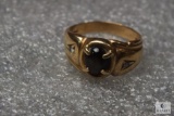 10K Gold Mens Ring Tiger eye type Stone w/ 2 Small Diamonds