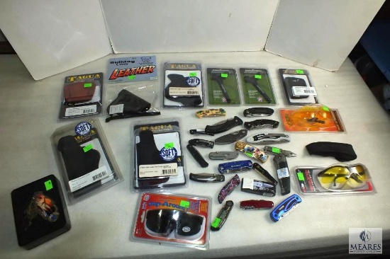Box Lot of Pistol Holsters, Knives, , Inside waist holster, Eye Protection,.22 Charging Handle.