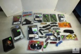 Box Lot of Pistol Holsters, Knives, , Inside waist holster, Eye Protection,.22 Charging Handle.