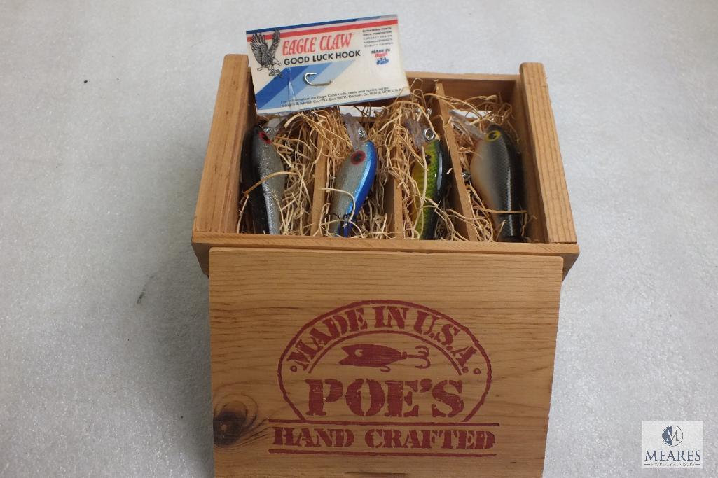 4 Poes Hand Crafted Fishing Lures in wood Box
