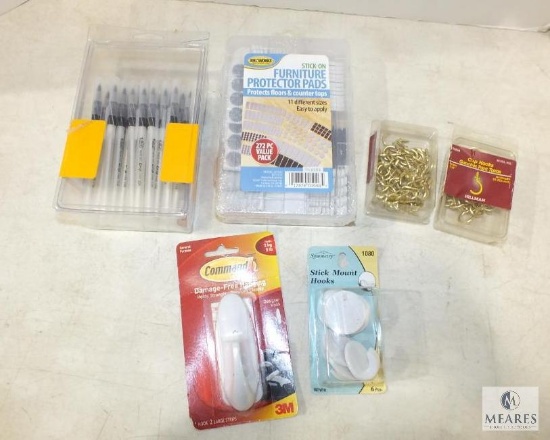 Lot of Assorted Items, Cup Hooks, Stick Hook mounts, Pens, Furniture Protector pads