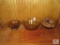 Lot 3 Vintage Amber / Rootbeer Glass Nut Bowls & Wooden Fruit