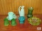 7 piece Lot Vintage Green, Teal, & Lime Glass and Pottery Dish, Votive Holders, Pitcher, Vase +