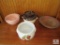 5 piece Lot Pottery 2 McCoy Pink Mixing Bowls, 1 Strawberry Print Dish & 1 Covered Dish 1 Wood Bowl