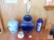 4 piece Lot Ceramic Cobalt Blue Table Lamp, Floral Urn, Candle Holder, and Decorative Vase