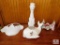 Lot Porcelain Poodle Decanter, Ladies Basket, Porcelain Whale Candle Holder & Plastic White Basket