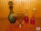 Lot Green Glass Decanter, Amber Glass Fan Vase, and 2 Yellow - Red Fade Glass Bud Vases