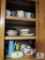 Kitchen Cabinet lot Tea / Coffee Kettles, Cups, plates, butter dish +