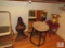 Closet contents Stool, Wood shelf, Spittoon, Framed prints, Baskets, +