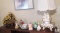 Contents of shelf Large Ceramic Cherubs Lamp, Vintage Porcelain, Glass, and Floral