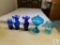 4 piece lot blue & cobalt glass vases and candy dish
