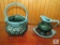 2 piece Lot of Hull Pottery Green drip Basket & Small Pitcher with Tray