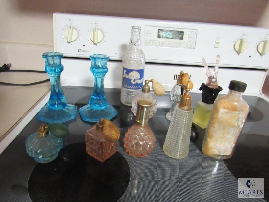Lot Vintage Glass Perfume Bottles, Sun Crest bottle, & Candle Holders
