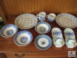 10 piece Lot Blue & White Victorian pattern Dishes Plates, Bowls, Cups, and Candle Sconces