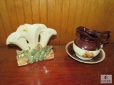 McCoy Pottery Wash Bin Set Pitcher and Bowl and 3 Floral Horn Vase