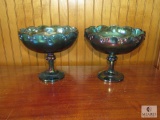 Lot 2 Large Blue-Green Carnival Glass Pedestal Dishes Bowls