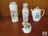 4 piece Lot Ceramic / Porcelain Floral design Vases, Wall Sconce, & Tea Kettle