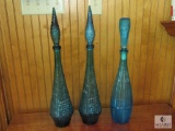 Lot 3 Very Tall Sapphire Blue Glass Decanter Bottles with Stoppers