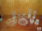 9 piece Lot Glass or possibly Crystal Vases, Serving Dishes, Hobnail Top Hat, Salt & Pepper Shakers