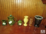 6 piece Lot Vintage Pottery or Ceramic Vases, Tea Pitcher Set, and Covered Urn