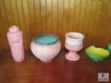 4 piece Lot Vintage Pink and Green Pottery Shaker, Duck Dish, and 2 Bowls